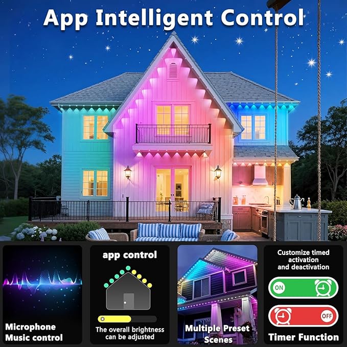300FT/90M Permanent Outdoor RGB Lights, IP67 Waterproof Smart Eave Lighting, with App/Remote Control Eaves Light, DIY LED Scenes Modes for House Roof Decor,Party