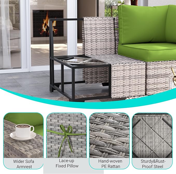 12-Piece Outdoor Patio Furniture Set Wicker Sectional Sofa Set, Patio Conversation Set with Thickened Cushions & Coffee Table for Garden, Backyard, Poolside, Avocado Green