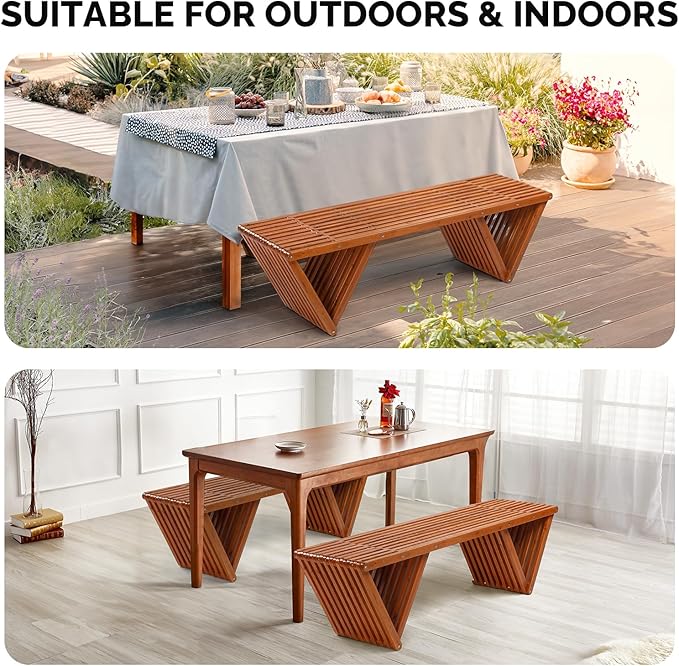 VINGLI Outdoor Wooden Bench, 63" All Weather Patio Bench Porch Bench, 600lb Capacity Outdoor Backless Benches for Yard Park Garden