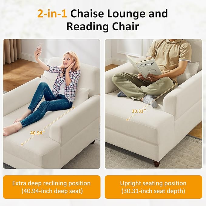 Chaise Lounge Chair Indoor with Adjustable Backrest, Upholstered Mid-Century Reading Chair, Oversized Accent Armchair for Living Room & Bedroom, Comfy Single Sofa Chair, Modern Living Room Chair