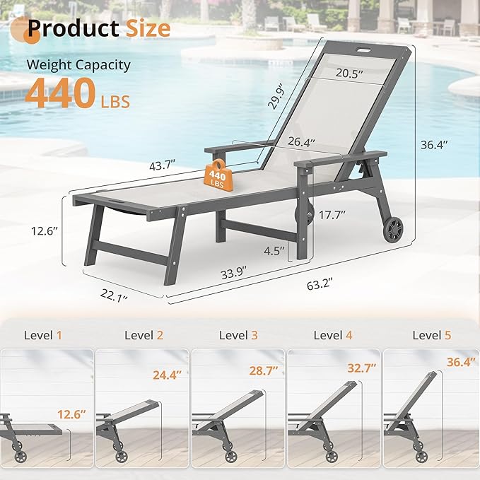 LUE BONA Chaise Lounge Chair Outdoor Set of 4, HDPS and HDPE Wicker Chaise Lounger with 5 Positions, Pool Lounge Chairs with Wheels and Adjustable Backrest for Patio, Poolside, Deck, Backyard