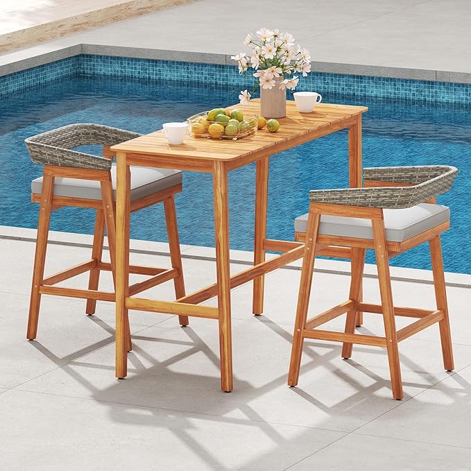 Tangkula Patio Bar Table, 54” x 22” Acacia Wood Counter Height Table with Slatted Tabletop & Footrest Crossbar, Rectangle High Top Table for Backyard, Poolside, Balcony