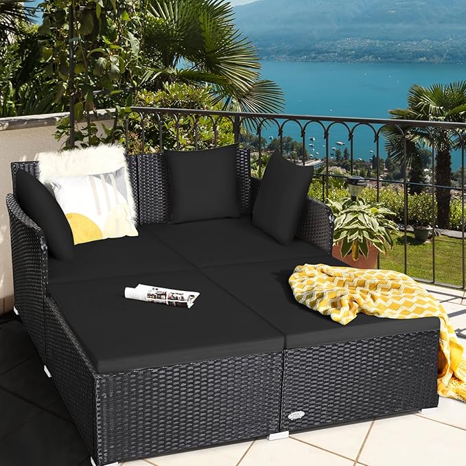 HAPPYGRILL Patio Rattan Daybed Outdoor Loveseat Sofa Set with Padded Cushion Pillows and Sturdy Aluminum Foot Wicker Patio Furniture for Garden Porch Poolside
