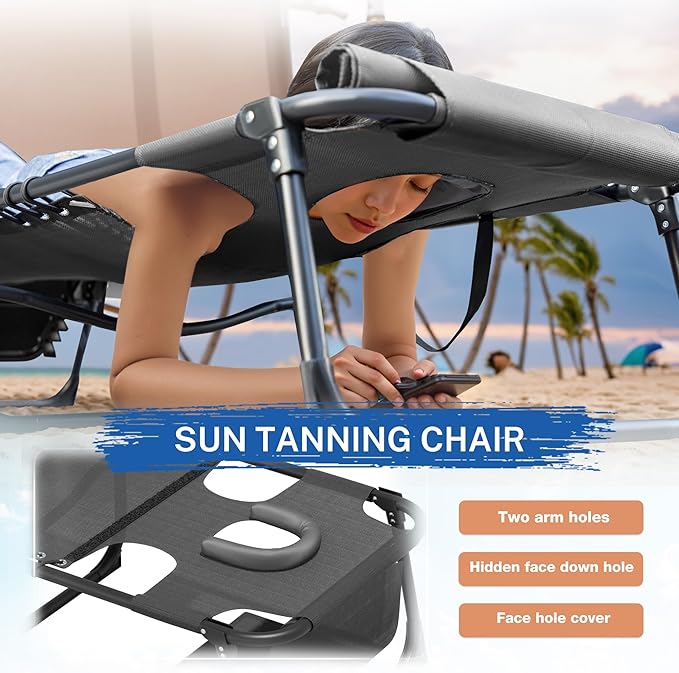 Devoko Beach Lounge Chair, Outdoor Sun Tanning Chair with Face Hole, Heavy Duty Folding Portable Lay Chaise Lounge Chairs for Outside Beach Pool Camping Patio, Beige