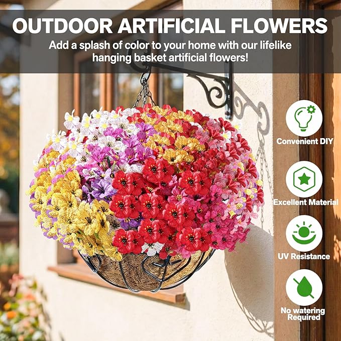 60 Pack Artificial Flowers Outdoor, Faux Silk Flowers for Outdoors Outside Front Porch Hanging Planter Window Box Garden Decoration(Mixed)