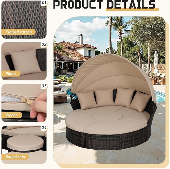 Incbruce Patio Round Daybed with Retractable Canopy, Black Wicker Rattan Sectional Sofa Furniture Set with Separated Cushion Seats for Patio, Porch and Backyard (Brown)