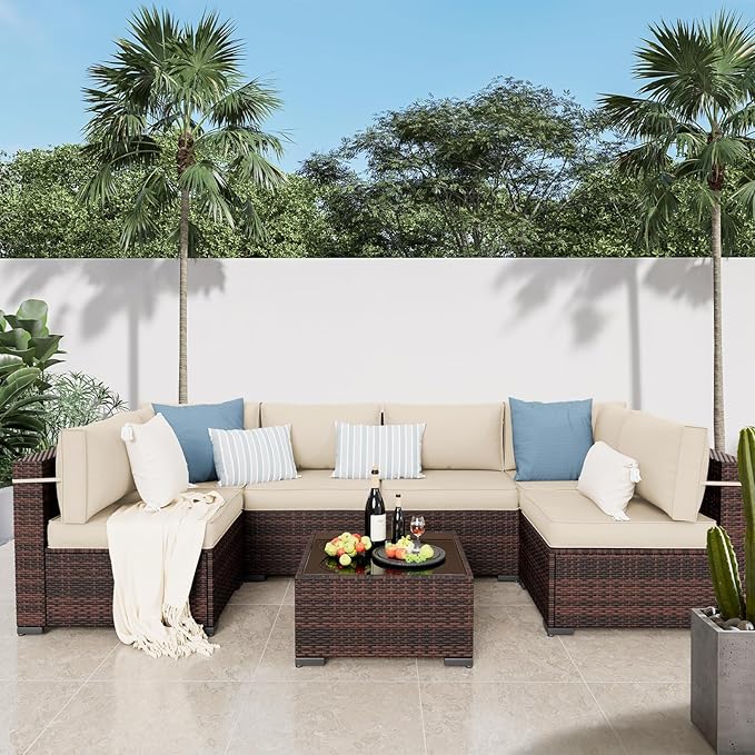 Amopatio Patio Furniture Set 7 Pieces Patio Conversation Set Outdoor Sectional Wicker Rattan Sofa with All-Weather Cover, Patio Furniture with Pillows Fits Porch Garden Backyard Balcony (Cream)