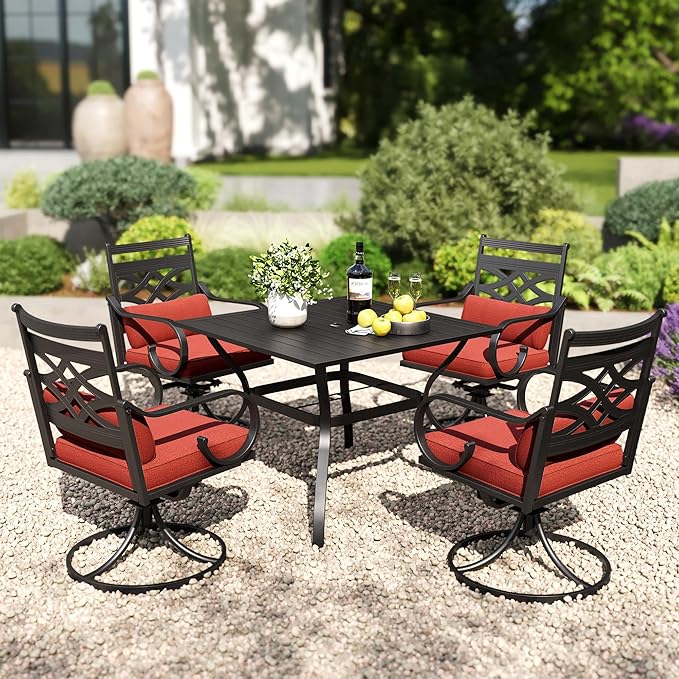 PHI VILLA 5 Pieces Outdoor Dining Set for 4, 37" Square Metal Table with Umbrella Hole & Wrought Iron Swivel Chairs, All Weather Outside Furniture with Red Cushions & Pillows for Patio, Deck, Porch