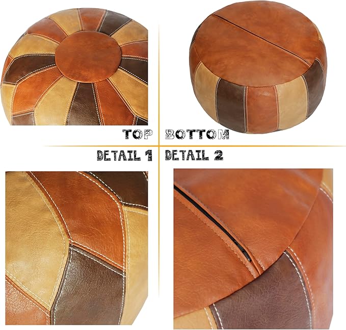 Thgonwid Unstuffed Moroccan Faux Leather Pouf Ottoman with Storage - Handmade Boho Chic Multi-Use Footrest for Living Room, Bedroom, Patio - Round Ethnic Floor Cushion & Decorative Accent, Tricolor