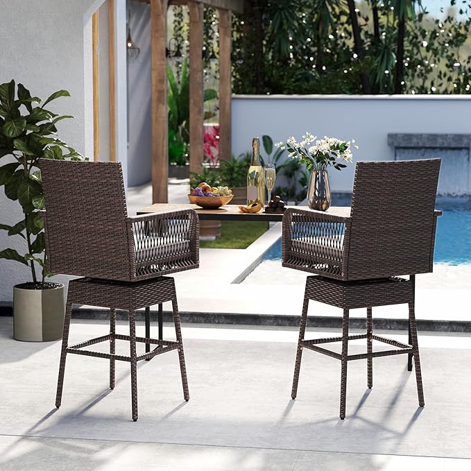 ORALNER Outdoor Wicker Swivel Bar Stools Set of 2, 29" Bar Height Patio Rattan Dining Chair with Armrests, Footrest & Seat Cushion, Metal Frame, for Backyard, Porch, Poolside, Deck (2, White)