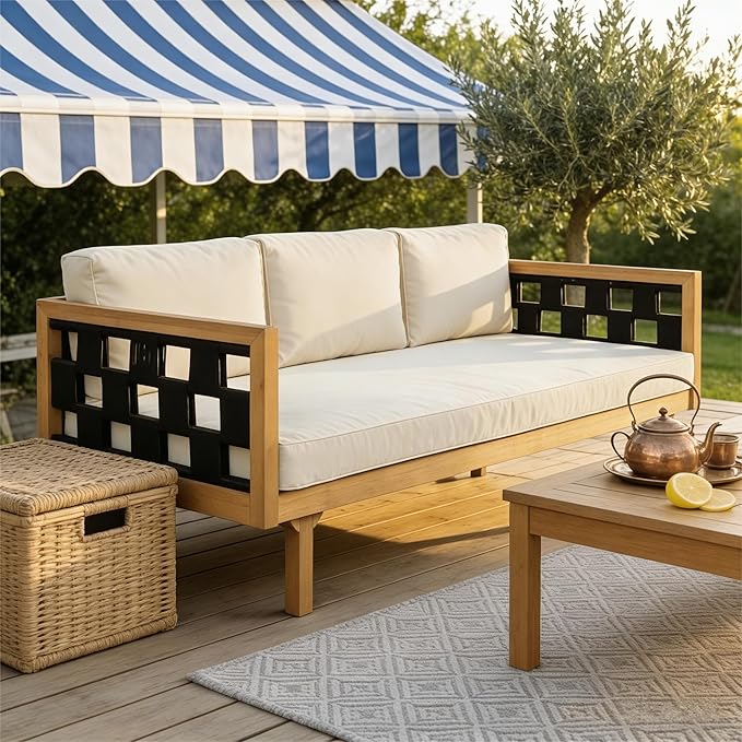 Christopher Knight Home Rosie Acacia Wood Outdoor Daybed Sofa with Water-Resistant Cushion, Solid Wood Patio 3 Seater Sofa Couch, Patio Garden Lounge Sofa with Woven Rope Accent, Black+Teak+Beige