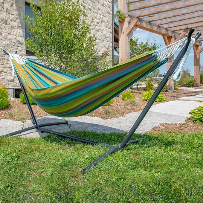 Vivere Brazilian Style Sunbrella Outdoor Double Hammock with Steel Stand, Lagoon