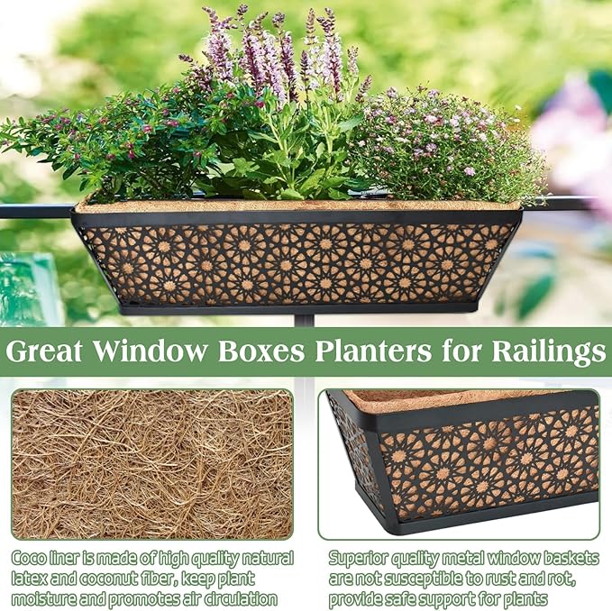 Halatool 24 Inch Window Box with Coco Liner, 2 Pack Sturdy Metal Flower Railing Planter with Coco Coir Basket Liners for Window Deck Fence Porch Balcony and Patio Outdoor Indoor Lawn