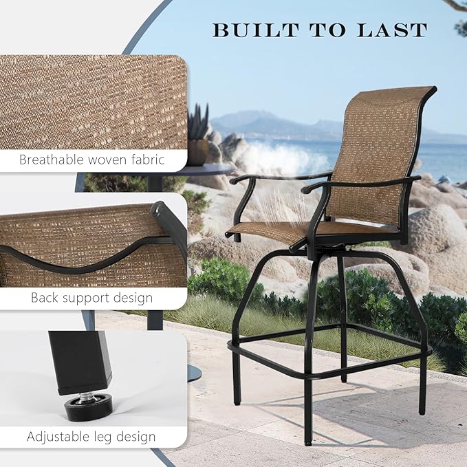 LEVELEVE Patio Bar Set 4pcs Swivel Bar Stools Outdoor Bistro Textilene Furniture Stability All-Weather Set (Dark Brown Fabric)