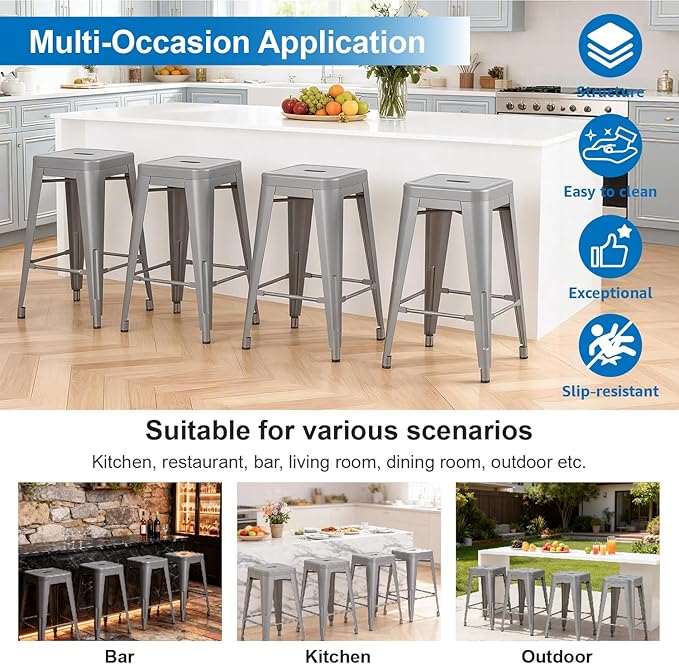 Stackable Metal Bar Stool Backless Indoor-Outdoor Counter Stools Fullmetal Dinning Chairs Set of 4 (Grey, 24 Inch)