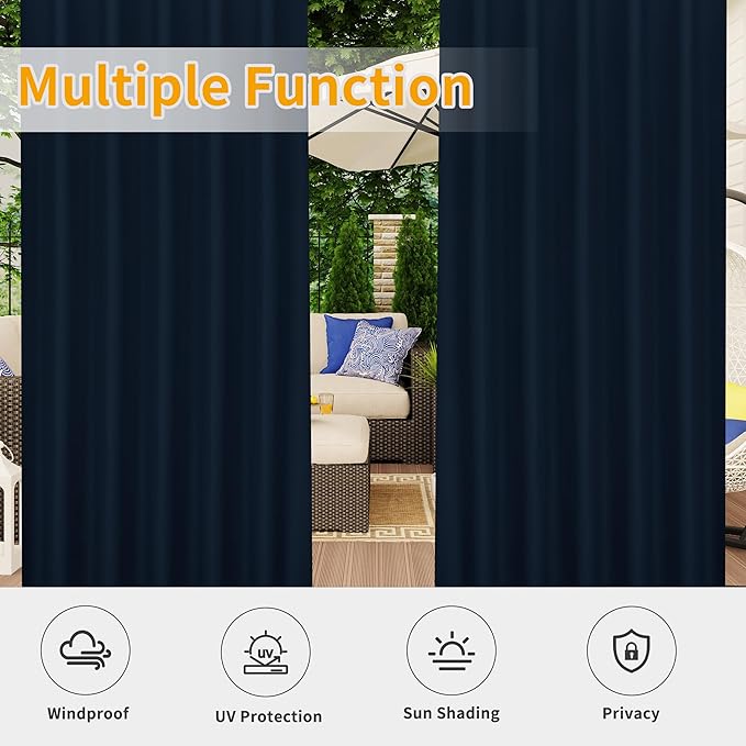 Easy-Going Outdoor Patio Curtains Detachable Tab Top Windproof Weatherproof Curtain for Cabana, Porch, Pergola and Gazebo, Tab Bottom Drape, 2 Panels, 54W x 96L inch, Navy