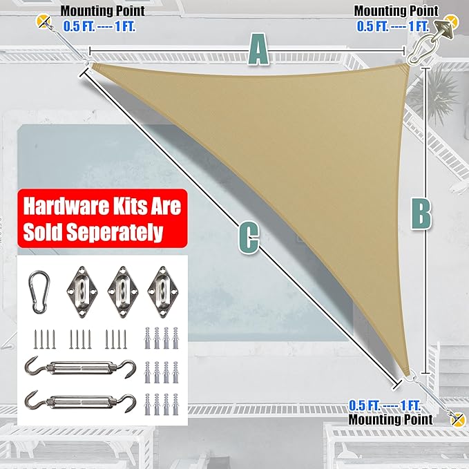 Amgo 10' x 10' x 14' Beige Right Triangle Sun Shade Sail UPF50+ Canopy Awning AGSLT, 95% UV Blockage, Water & Air Permeable, 200GSM Heavy Duty Commercial and Residential (We Make Custom Sizes)