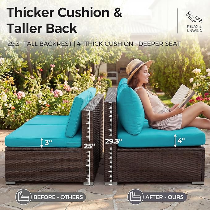 NICESOUL Modern Outdoor Couches with Firepit Table Propane/Natural Gas, 29.3'' High Back Comfy Conversation Set with Fireplace, 10 Seater Large Wide Patio Furniture Set, Brown Rattan and Teal Cushion