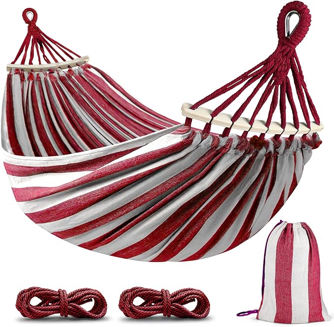 MOSFiATA Hammocks Portable Camping Hammock Upgraded 550lb Thickened Fabric Single Hammocks with Two Anti Roll Balance Beam and Tree Straps for Camping, Patio, Backyard, Outdoor(Red White)