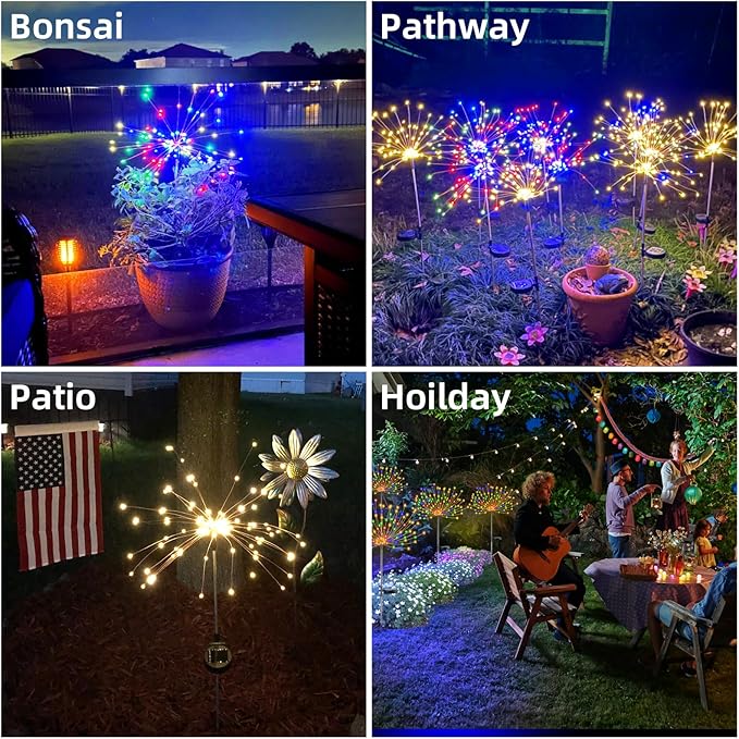 4 PCS Solar Firework Light, Outdoor Solar Garden Decorative Lights 120 LED Powered 40 Copper Wires String DIY Landscape Light for Walkway Pathway Backyard Christmas Decoration Parties (Warm White)