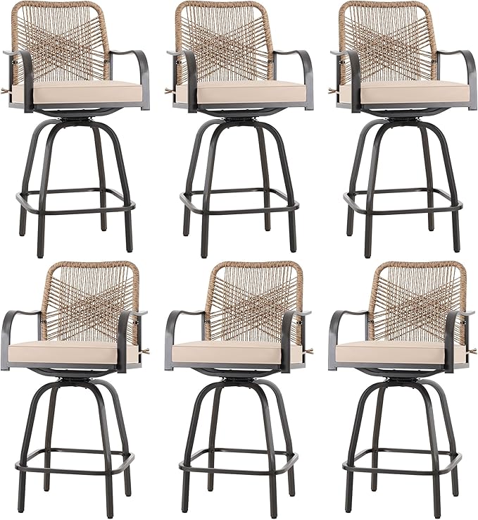 Patio Swivel Bar Stools Set of 6, Outdoor Rattan Height Bar Patio Swivel Chairs with Steel Frame and Thickened Cushion for Garden, Balcony, Lawn and Backyard (Rattan Brown)