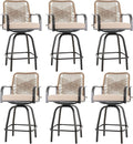 Patio Swivel Bar Stools Set of 6, Outdoor Rattan Height Bar Patio Swivel Chairs with Steel Frame and Thickened Cushion for Garden, Balcony, Lawn and Backyard (Rattan Brown)