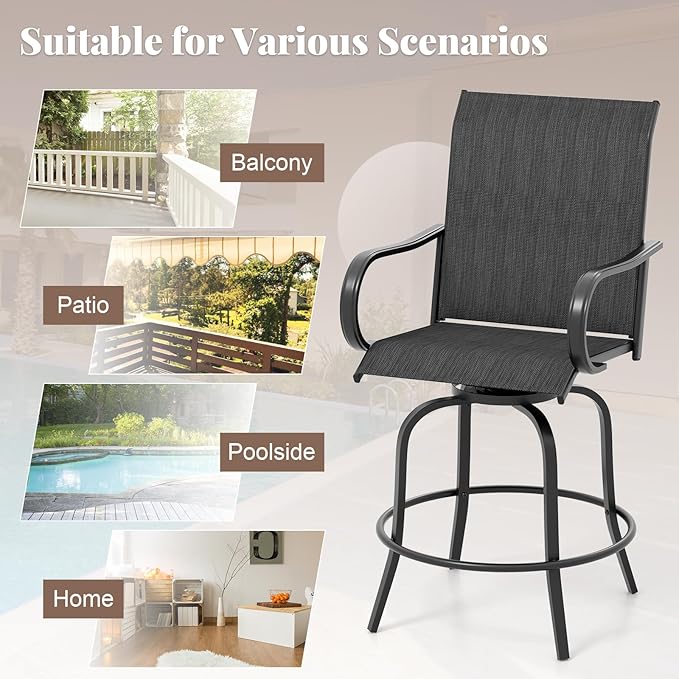 Giantex Set of 2 Swivel Outdoor Bar Stools, All-Weather Bar Height Patio Chairs, 330LBS Capacity, 360 Rotating Outside Bar Chairs with High Back Armrests, for Porch Yard Lawn Garden Pool (Black)