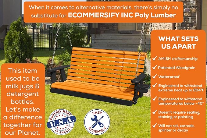 Poly Lumber Wood 5FT Porch Swing Amish Craftsmandship Made in USA HDPE with No wood fibers and 1000 lbs Limit. Stainless Steel Hardware.Signature Rollback design for Patio Outdoor Backyard Garden Park