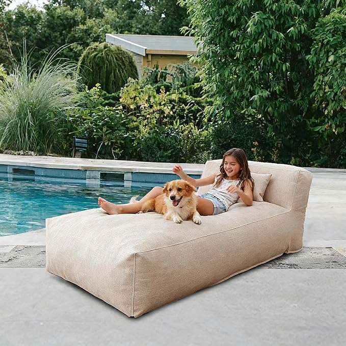 Outdoor Bean Bed Chair Sun Lounger, Outdoor Couch Sofa for Patio & Pool, Foam Filling Day Bed Furniture, Comfy Lazy Sofa for Outside, Water-Resistant Seating (Light Beige, 70'' L)