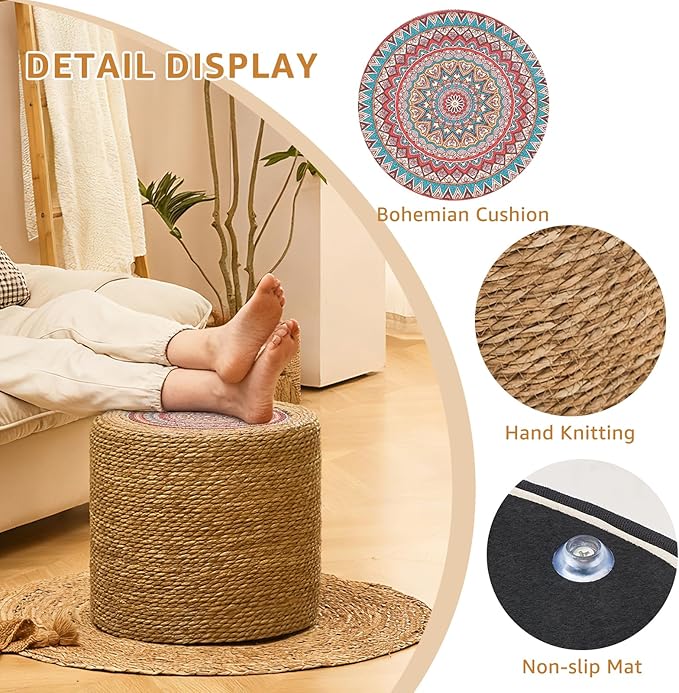 Wimarsbon Round Pouf Ottomans, Handwoven Natural Water Hyacinth Seagrass Pouffe,Outdoor Rattan Stool Accent Seat, Bohemian Coastal Home Decor (18inch Natural Cattail-Boho 1)