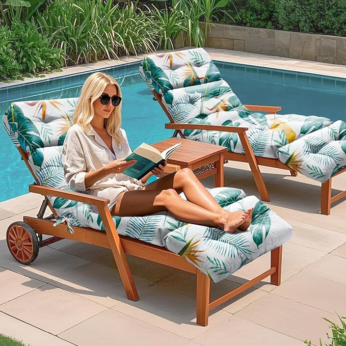 Outdoor Chaise Lounge Chair Cushion 75.1 x 22.8 x 4.7 Inches 100% Waterproof Replacement Cotton Patio Pool Lounge Chair Cushion for Outdoor Furniture with Ties, Yellow-Green Leaf
