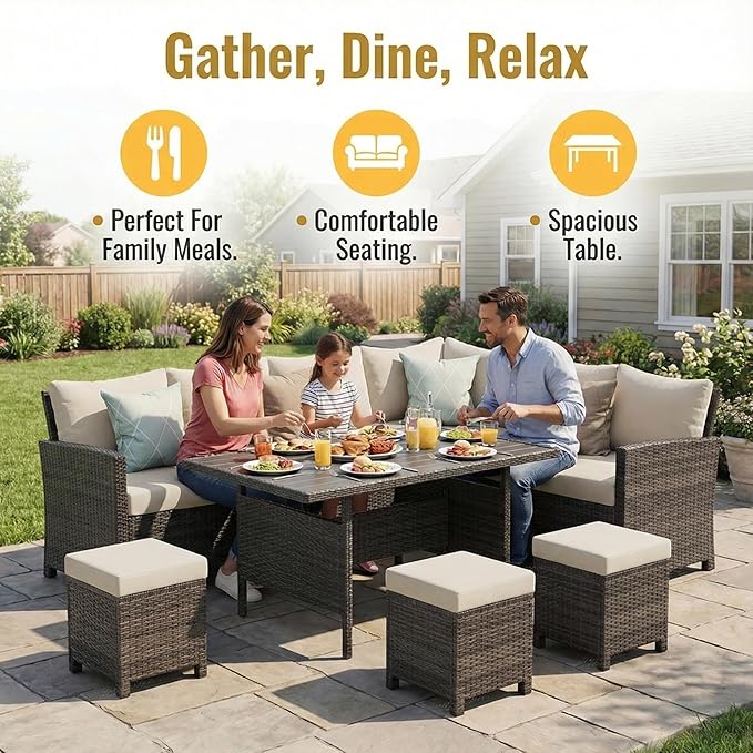 Wisteria Lane 7 Piece Patio Furniture Set, High Curved Back Wicker Patio Sectional, All Weather Outdoor Dining Set, Outdoor Furniture Patio Conversation Set with Ottoman, Brown