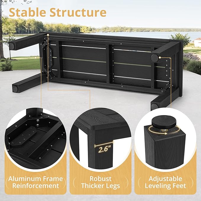 LUE BONA HDPS Outdoor Bench with Straight Legs, All-Weather 2-Person Outdoor Backless Benches, Weatherproof Heavy-Duty Garden Bench for Porch, Patio, Lawn and Backyard, Black