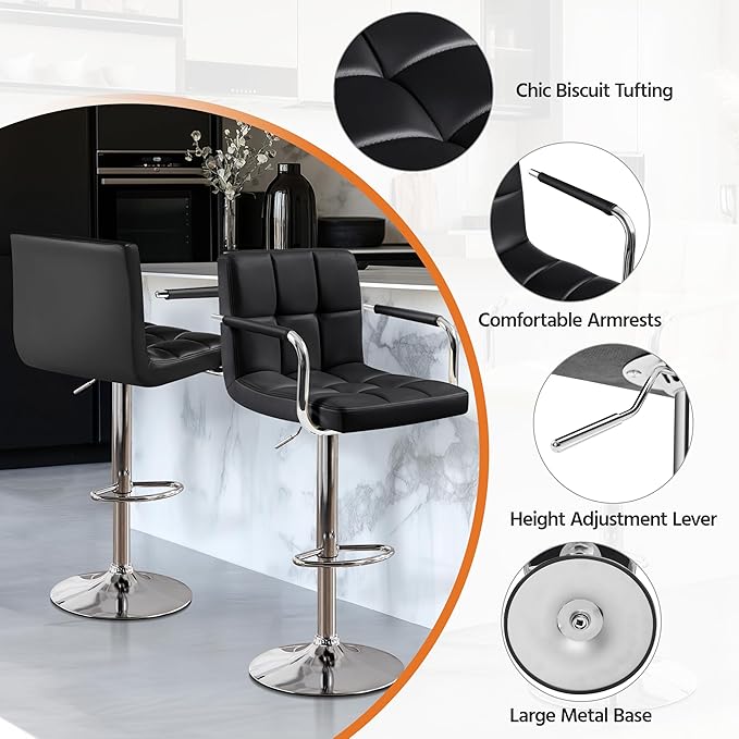 Yaheetech Bar Stools, PU Leather Adjustable Swivel Barstools, Hydraulic Kitchen Counter Height Bar Chairs with Armrest and Back for Kitchen, Dining Room, Black