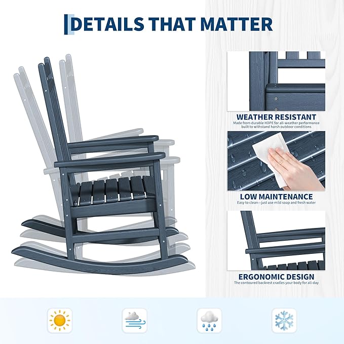 HDPE Rocking Chair Outdoor- Poly High Back Porch Rocker Chairs for Adults - All Weather Resistant Furniture for Patio Front Porch - Navy Blue