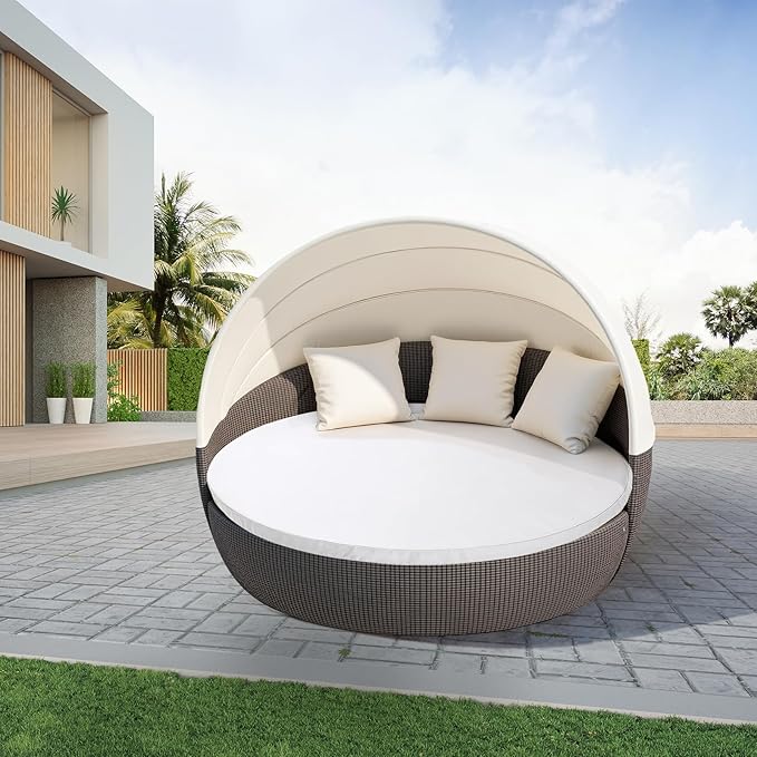 MICTONY Outdoor Daybed Cushion Cover, 66" Replacement Daybed Cover with Elastic Band, Sun Bed Cushion Cover, Outdoor Round Bed Cushion, Cover ONLY (Daybed NOT Included) (White)