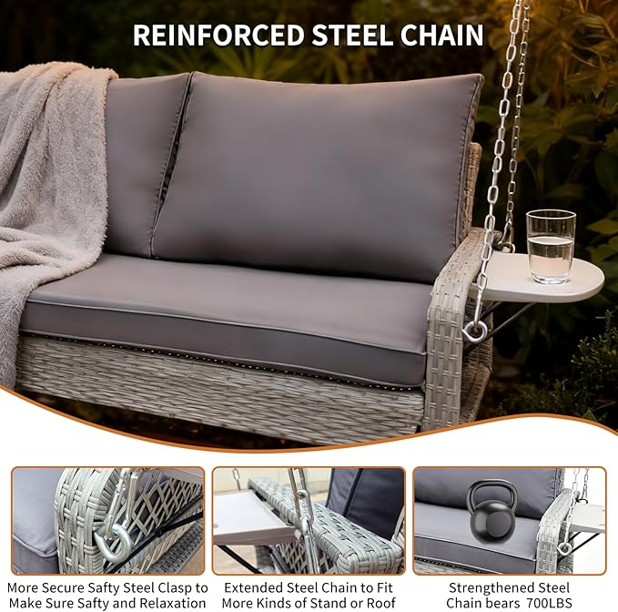 Wicker Porch Swing | 2 Seat Outdoor Porch Swing I 700lbs Heavy Duty Rattan Hanging Bench with Full Seat Cushions & Upgraded Cup Holder for Backyard, Patio, Porch, Gazebo, Garden(Gray)