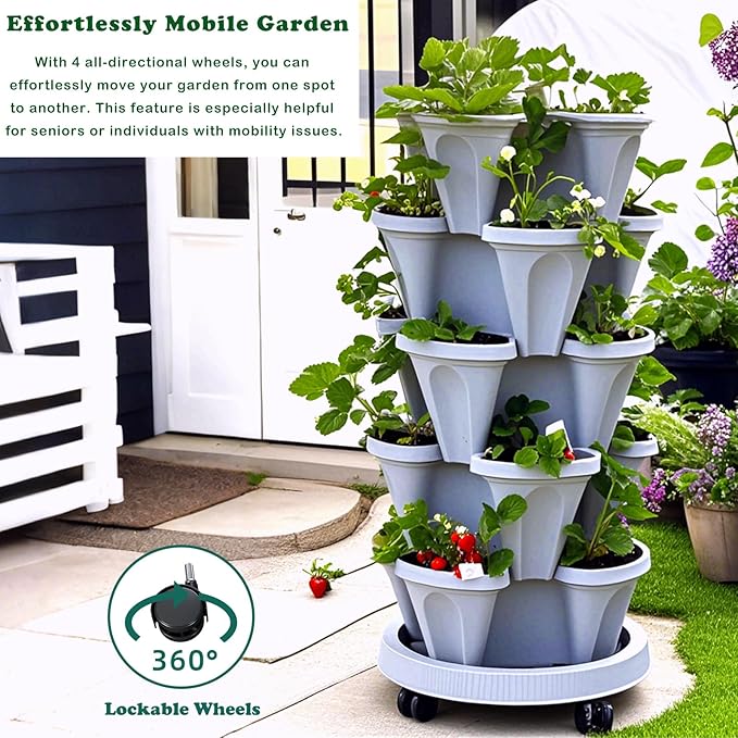 Strawberry Planters, 3 Tiered Vertical Stackable Planter, Herb Stacking Tower Garden, Flower Vegetable Planters with Support Pole, Indoor & Outdoor with Removable Wheels - Dark Grey