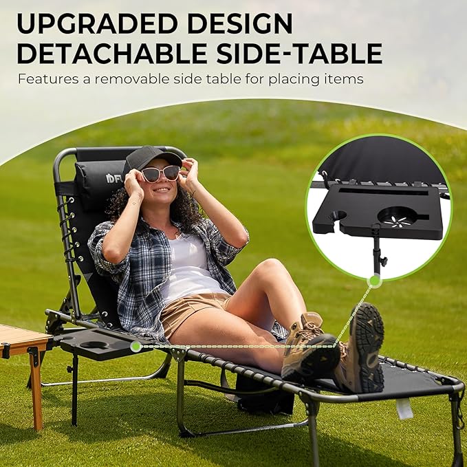 FUNDANGO Chaise Lounge Chair Outdoor, 5-Position Folding Tanning Chair with Detachable Side Table & Pillow, 180° Lay Flat Portable Beach, Heavy Duty U-Frame for Patio, Pool, Lawn, 265lbs (Black)