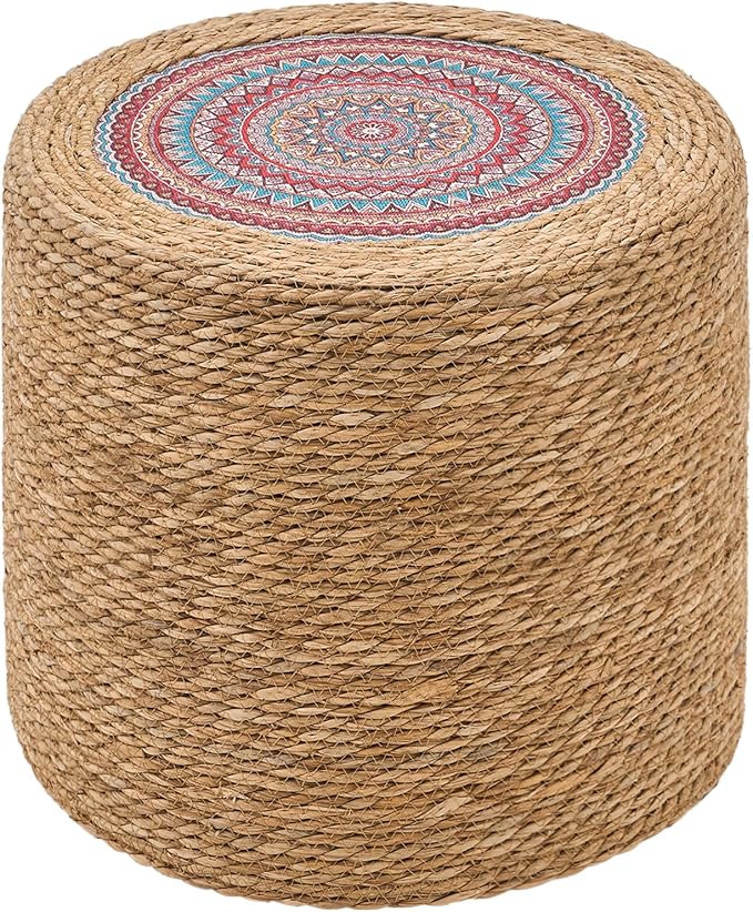 Wimarsbon Round Pouf Ottomans, Handwoven Natural Water Hyacinth Seagrass Pouffe,Outdoor Rattan Stool Accent Seat, Bohemian Coastal Home Decor (18inch Natural Cattail-Boho 1)