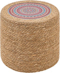 Wimarsbon Round Pouf Ottomans, Handwoven Natural Water Hyacinth Seagrass Pouffe,Outdoor Rattan Stool Accent Seat, Bohemian Coastal Home Decor (18inch Natural Cattail-Boho 1)