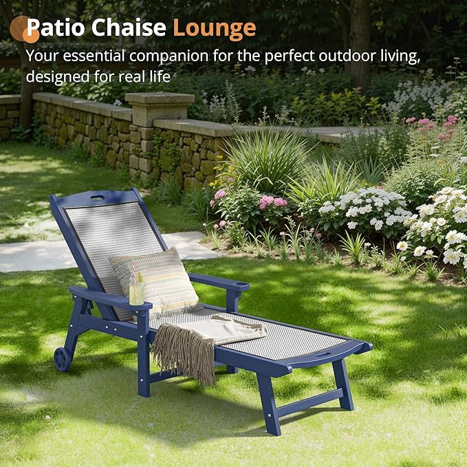 LUE BONA Chaise Lounge Chair Outdoor Set of 4, HDPS and HDPE Wicker Material, Patio Lounge Chair with Adjustable Backrest, Resin Pool Lounge Chairs with Wheels for Backyard, Poolside and Deck