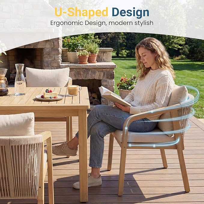 Wisteria Lane Acacia Patio Dining Chairs Set of 2, Outdoor Wood Chairs with Thick Cushions, Modern Patio Seating with Woven Rope Backrest for Porch, Backyard, Garden, Indoor Use, Beige