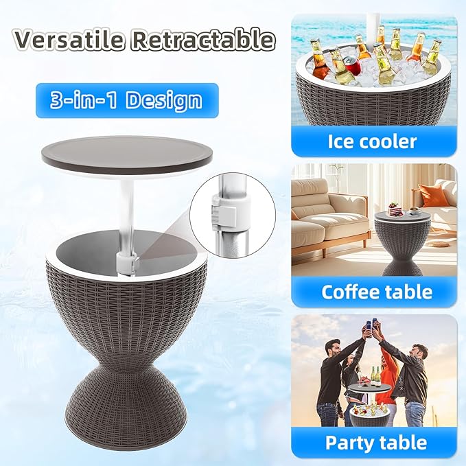 SHAREWIN Patio Cool Bar Table, Height-Adjustable Outdoor Bar Tables 8 Gallon Beer and Wine Cooler, 3-in-1 Rattan Style Ice Cooler with Drainage Plug for Pool Party (Grey)