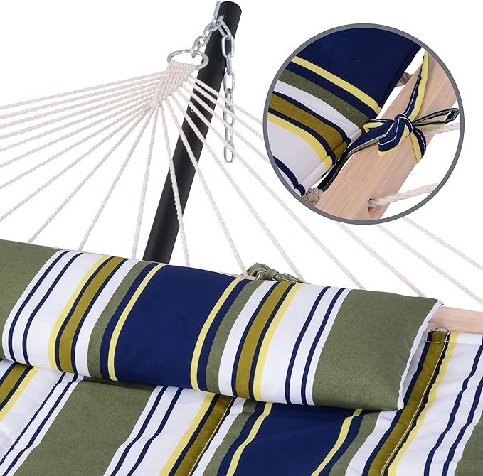 SUNCREAT Hammocks Outdoor Double Hammock with Hardwood Spreader Bar, Cotton Rope Hammock with Polyester Pad, Blue&Aqua
