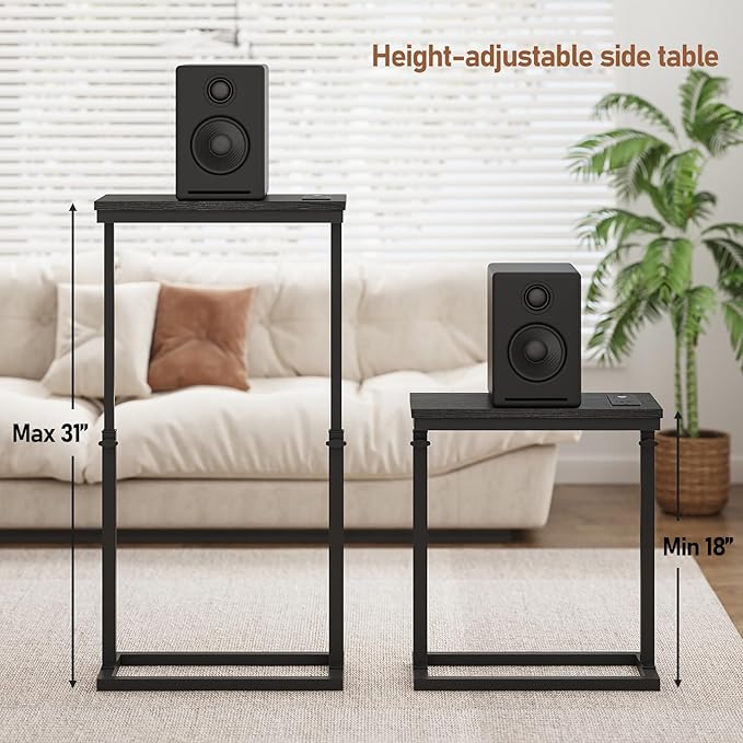 TUTOTAK End Table with Charging Station, Side Table, Tall Couch Table, Sofa Table, Living Room, Bedroom,Black TB01BK084