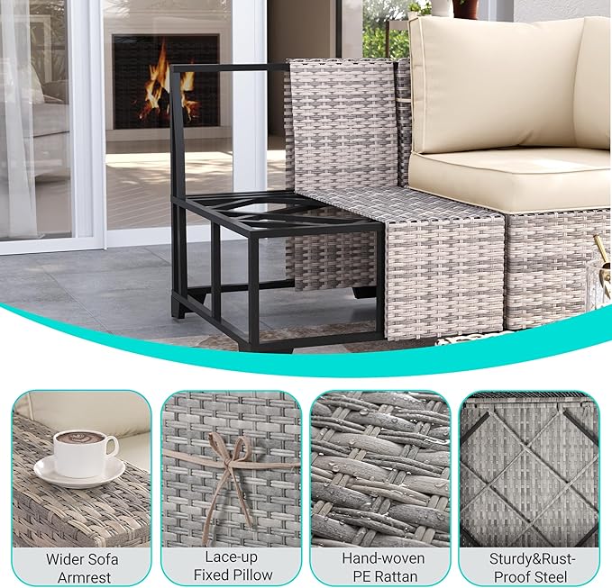 16-Piece Outdoor Patio Furniture Set with Rocking Swivel Chair, PE Wicker Rattan Sectional Sofa Patio Conversation Set with 55,000 BTU Fire Pit Table & Coffee Table, White