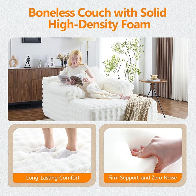 VINGLI 67.7" Oversized Chaise Lounge Chair Indoor Reading Chairs Comfy Bubble Fleece Upholstered Boneless Sofa Bed Sleeper Sofa Cloud Couches for Living Room, Bedroom, Play Room (White)