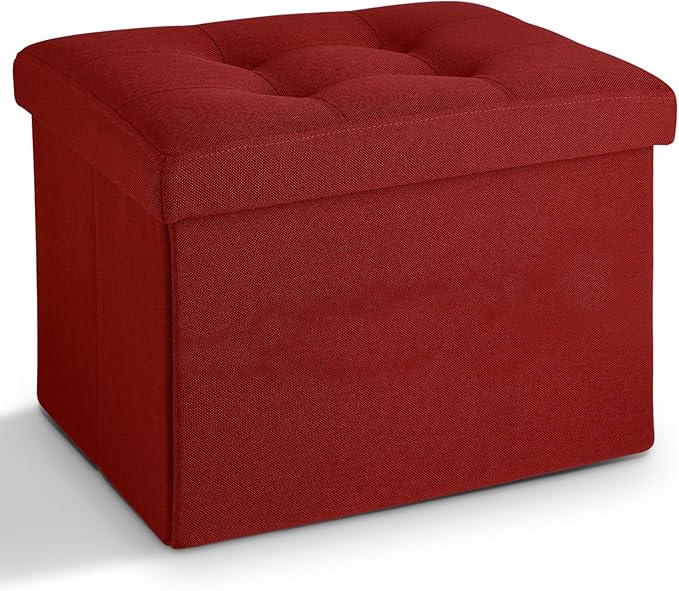 LINMAGCO Small Storage Ottoman Stool Foot Rest Stool Under Desk Stool Short Folding Ottoman Linen Cloth 17X13X13IN(Red)