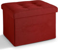 LINMAGCO Small Storage Ottoman Stool Foot Rest Stool Under Desk Stool Short Folding Ottoman Linen Cloth 17X13X13IN(Red)